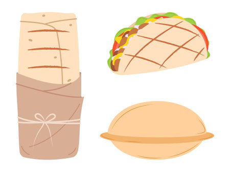A set of street food items. Hand drawn fast food of tako, shawarma and UFO burger. Street food in flat style on isolated white backgroundのイラスト素材