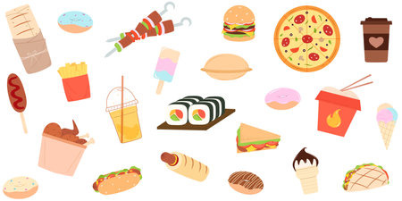 Flat fast food cartoon icon set. Hamburger, hot dog, shawarma, wok noodles, pizza, ice cream, lemonade and others for takeaway cafe design. Vector illustration of street food flat style.のイラスト素材