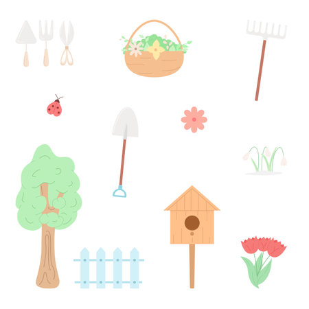 Spring isolated elements set in flat design. Collection of cute spring elements. Gardening tools, flowers, ladybug, birdhouse and other spring elements. Bright colored vector illustration in flat cartoon style on white backgroundのイラスト素材