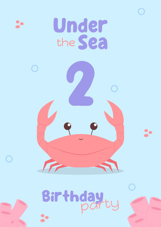 Under the sea kids second birthday greeting card. Cute invitation for children birthday party with red crab and pink corals in blue purple colors. Marine life postcard children concept vector illustration in flat styleのイラスト素材