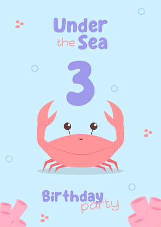 Under the sea kids third birthday greeting card. Cute invitation for children birthday party with red crab and pink corals in blue purple colors. Marine life postcard children concept vector illustration in flat styleのイラスト素材
