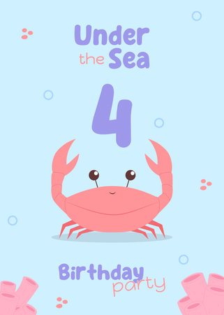 Under the sea kids fourth birthday greeting card. Cute invitation for children birthday party with red crab and pink corals in blue purple colors. Marine life postcard children concept vector illustration in flat styleのイラスト素材