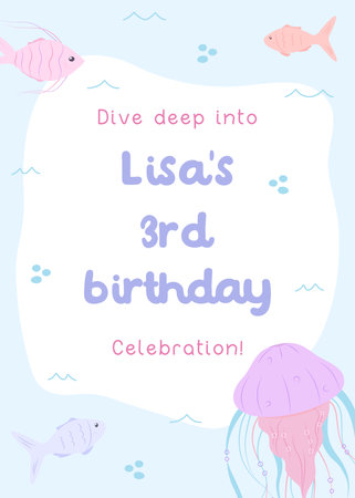 Invitation for under the sea third birthday party in flat cute style. Underwater style invitation for kids party in soft colors with fish, bubbles and jellyfish. Marine life postcard children concept vector illustrationのイラスト素材