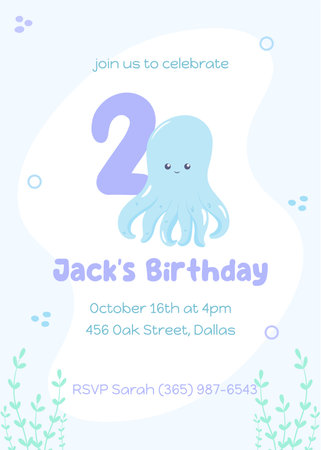 Invitation for under the sea second birthday party in flat cute style. Underwater style invitation for kids party in soft blue purple colors with happy blue octopus. Marine life postcard children concept vector illustrationのイラスト素材