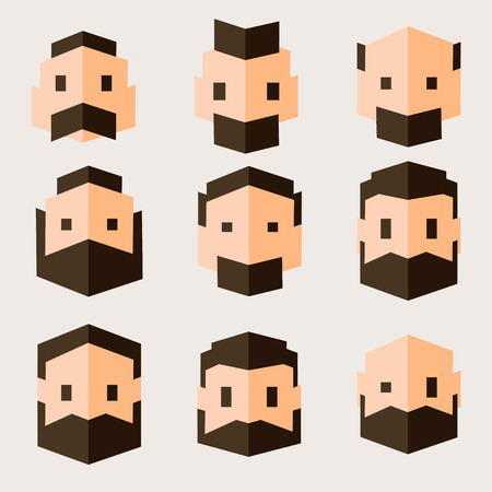 Set of characters in flat design. Men's heads in geometric flat style. Vector illustration.のイラスト素材