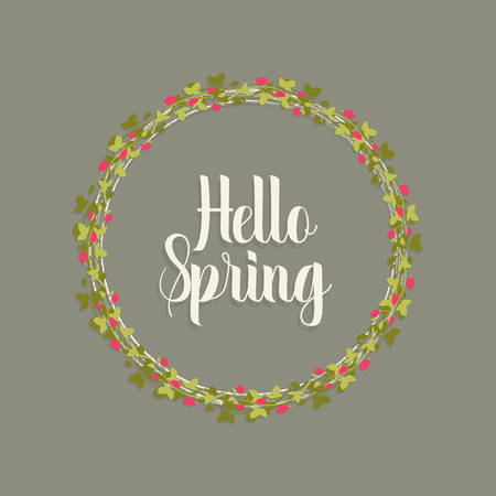 Hello spring card. Illustration with flower wreath and lettering.のイラスト素材