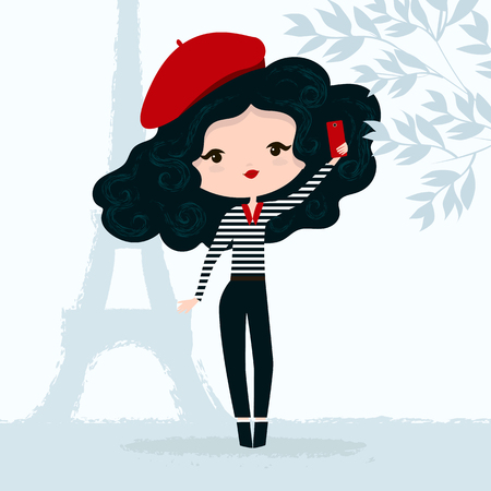 Vector illustration of a girl in red beret with smartphone in Parisのイラスト素材
