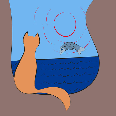 Cat watches for a fish on sunrise at sea. Vector illustrationのイラスト素材