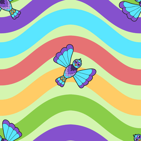 Seamless pattern of fantastic bluebird on rainbow wavy background. Vector illustrationのイラスト素材