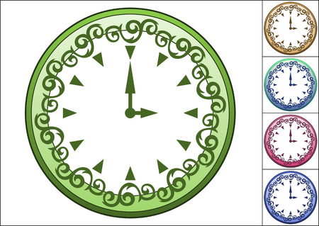 Simple wall clock decorated with ornate pattern, cartoon wall clock in 5 color variations, vector illustrationのイラスト素材