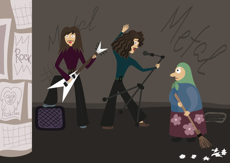 Rock group playing music in the street, the old woman sweeps garbageのイラスト素材