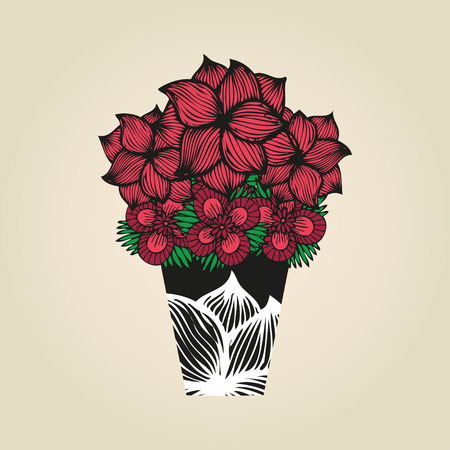 Hand drawn doodle flowers in tattoo style and black vaseのイラスト素材