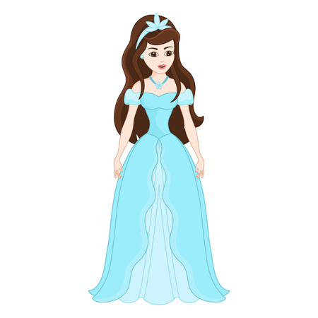 Illustration of beautiful brunette princess, gentle princess in dress from blue chiffon, vector illustrationのイラスト素材