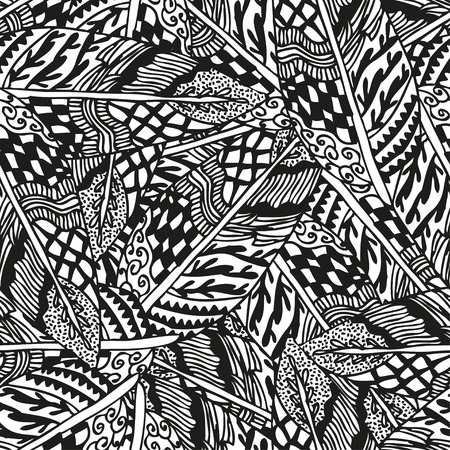 Doodling hand drawn seamless background with feathers and patterns, vector illustrationのイラスト素材