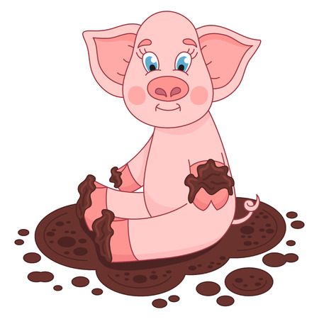 Cute pig in a puddle, funny piggy sits, laps and smile on dirt puddle, vector illustrationのイラスト素材