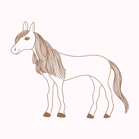 Cute hand drawn horse, drawing of mare with long mane and tail, vector illustrationのイラスト素材