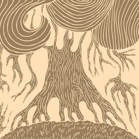 Vintage background with ancient tree, brown old wood in retro style, hand drawn vector illustrationのイラスト素材