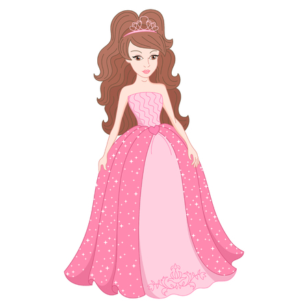 Illustration of beautiful brunette princess, magnificent princess in gentle pink dress with spangles, vector illustrationのイラスト素材