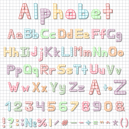Funny hand drawn latin alphabet letters, sketch font in style checkered sheet of paper. Colorful vector ABC with shadows for cards and mediaのイラスト素材