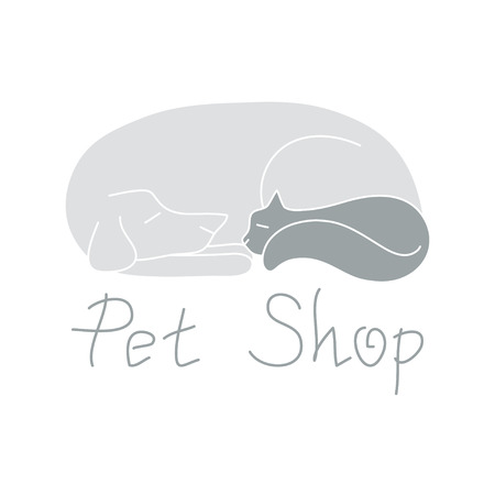 Cat and dog are best friends, cute animals are sleeping, sign for pet shop logo, vector illustrationのイラスト素材
