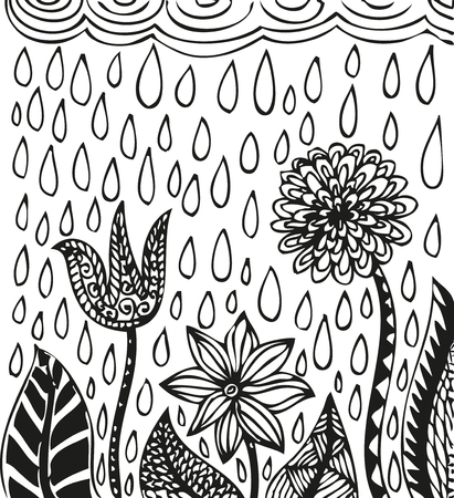 Doodling hand drawn amazing flowers like aster, bellflower, dahlia and patterns and rain drops, clouds, concept of cultivation of a plant, vector illustrationのイラスト素材