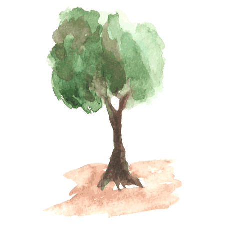 Airy watercolor tree with green foliage which flutters on a wind on clumsy brown trunk, rural tree like apple-tree, sketch drawn by watercolourのイラスト素材