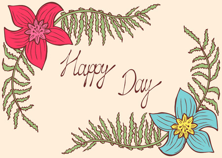 Happy day. Vintage colorful background with ancient flowers like narcissus and fern branch in hand drawn style, hand-drawn vector illustrationのイラスト素材