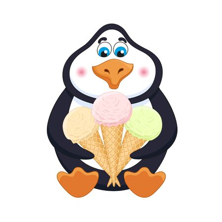 Cartoon penguin with three ice-creams in hornsのイラスト素材