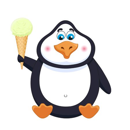 Cartoon penguin with pistachio ice-cream in hornのイラスト素材