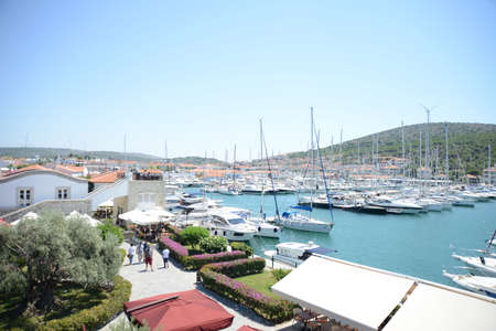 CESME, TURKEY - JULY, 13, 2018: Cesme Marina street view in Cesme Town. Cesme is popular tourist destination in Izmir Province.のeditorial素材