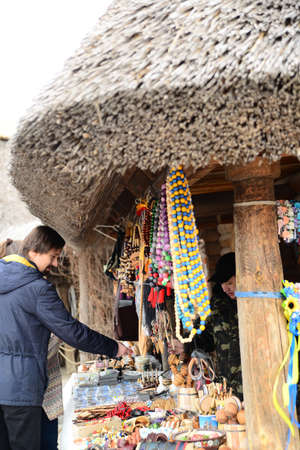 ZAPORIZHIA, UKRAINE - MARCH 24, 2019: Wooden church interior. Wooden building on Zaporozhye Sich in Ukraine. Medieval church on island of Khortitsa in Zaporozhye.のeditorial素材