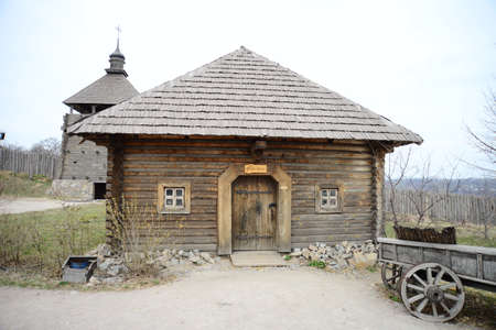 ZAPORIZHIA, UKRAINE - MARCH 24, 2019: Wooden church interior. Wooden building on Zaporozhye Sich in...
