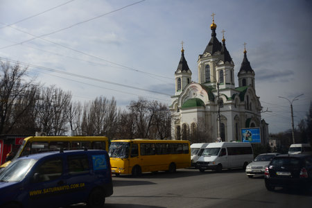 ZAPORIZHIA, UKRAINE - MARCH 24, 2019: Holy Protection Cathedral was one of the most challenging projects The Holy Protection Cathedral is almost an exact copy of the main temple of Olexandrivskのeditorial素材