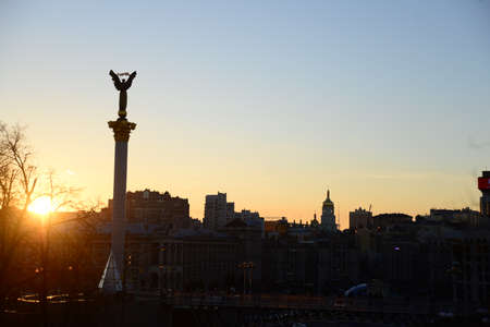 Ukraine, Kiev - APRIL 5, 2019: Independence Square (Maidan Nezalezhnosti) - the main square of Kiev, the Independence Column (Berehynia), the Conservatory and Khreshchatyk Street.のeditorial素材
