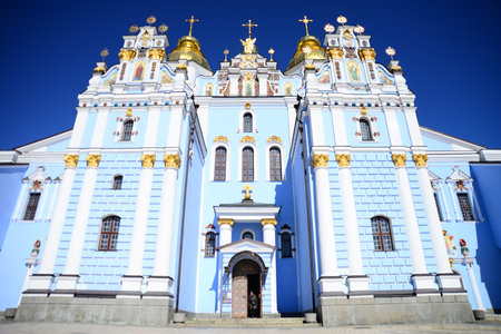 View of the St. Michaels Golden-Domed Monastery with cathedral and bell tower seen in Kiev, the Ukrainian Orthodox Churchの写真素材