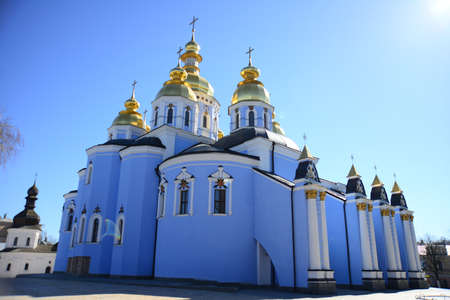 View of the St. Michaels Golden-Domed Monastery with cathedral and bell tower seen in Kiev, the Ukrainian Orthodox Churchの写真素材