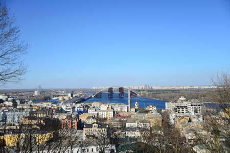 KYIV, UKRAINE - APRIL 5, 2019: View from the observation platform Friendship of Peoples to the old part of the city - Podol and Dnieperのeditorial素材
