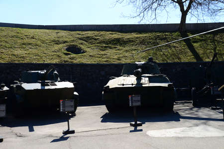 KYIV, UKRAINE - APRIL 10, 2019: Local Conflicts Museum; war machines of world war 2, tanks, helicopter, artillery guns, and Katyushaのeditorial素材