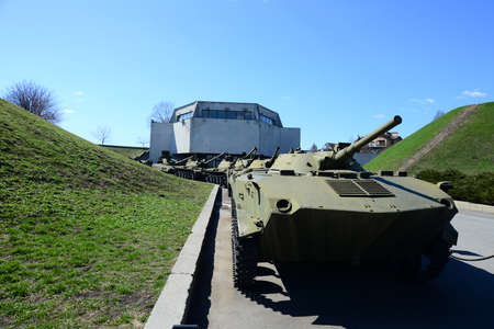 KYIV, UKRAINE - APRIL 10, 2019: Local Conflicts Museum; war machines of world war 2, tanks, helicopter, artillery guns, and Katyushaのeditorial素材