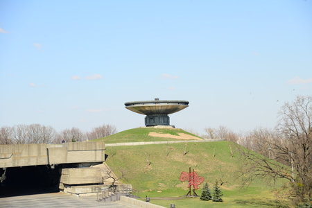 KYIV, UKRAINE - APRIL 10, 2019: Monument of the eternal flame and Mother Motherland monument in Kiev. historical sights of Ukraineのeditorial素材