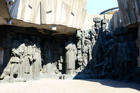 KYIV, UKRAINE - APRIL 10, 2019: The concrete and bronze monument of soldiers of World War 2 near...