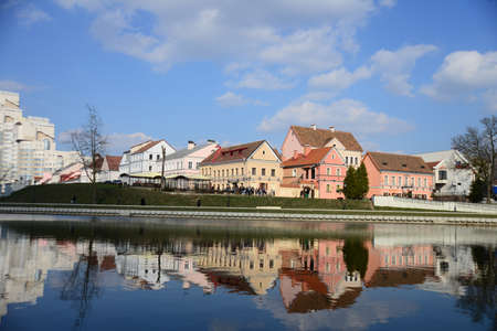 MINSK, BELARUS - APRIL 15, 2019: Traetskae Pradmestse (Trinity Suburb) - historical center of Minsk with the river Svislochのeditorial素材