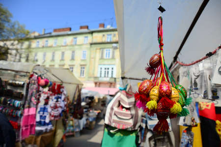 LVIV, UKRAINE - APRIL 17, 2019: Old flea and gift street market in the city of Lviv, Ukraine. Tourist attractions of the city of Lviv. Sale of antiques or presentsのeditorial素材