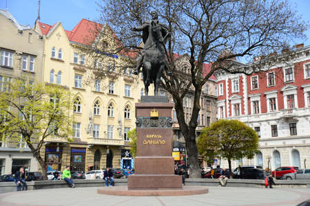 LVIV, UKRAINE - APRIL 17, 2019: Monument to King Daniel of Galicia (Danylo Halytskyi) in Lviv city in western Ukraine - Capital of historical region of Galicia.のeditorial素材
