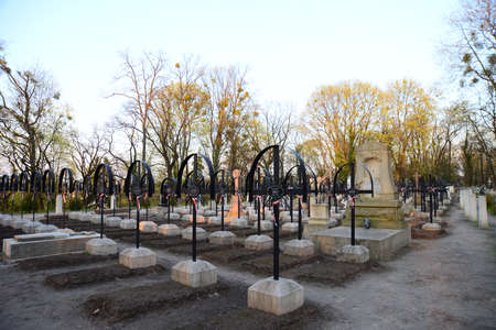 LVIV, UKRAINE - APRIL 17, 2019: Unique graves and sculptures on cemetery (famous and historic)called...