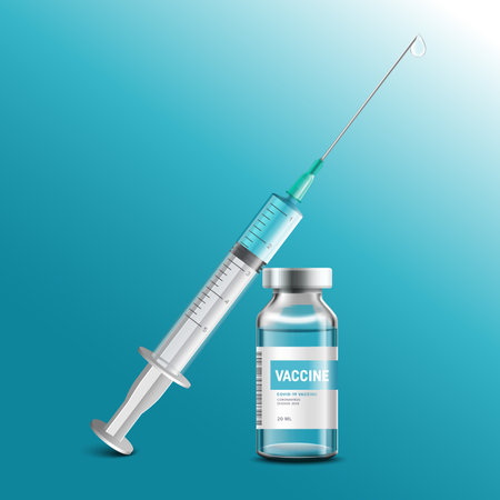 Creative design for Coronavirus vaccine vector background. Covid-19 corona virus vaccination with vaccine bottle and syringe injection tool for covid19 immunization treatment. vector illustration.のイラスト素材