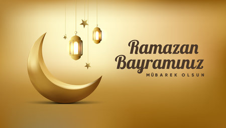 Islamic greetings ramadan kareem card design background with lanterns and crescent moon. (Translation: Happy Eid Al-Ramadan.)のイラスト素材