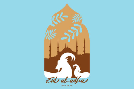 illustration vector graphic of mosque and goat in silhouette with glowing lantern for eid al adha mubarak. good for background, banner, card, poster flyer template.のイラスト素材
