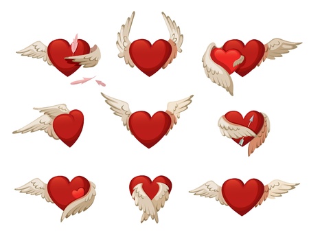 Set of hearts with wings. Isolated on white background.のイラスト素材