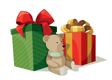 Two boxes of presents with a teddy bear sitting nearbyのイラスト素材